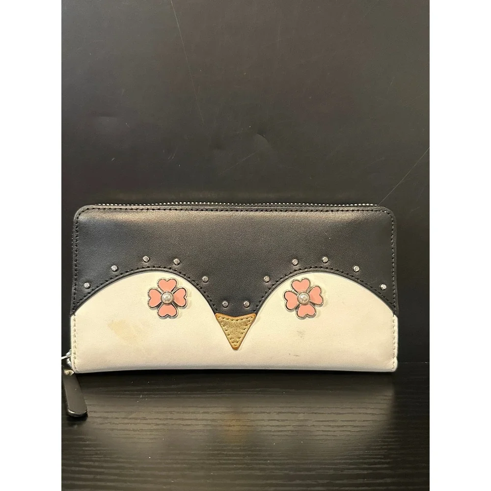 Kate Spade New York Penguin Zip Around Continental Wallet‎ Black White Floral